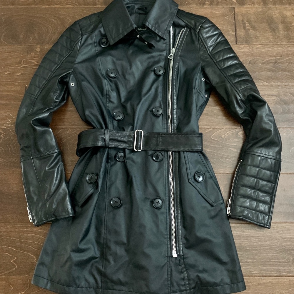 Rudsak Leather Trimmed Long Moto Style Trench Coat